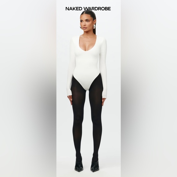 Naked Wardrobe NWT NW V-Neck Long Sleeve Bodysuit in White - Picture 4 of 11